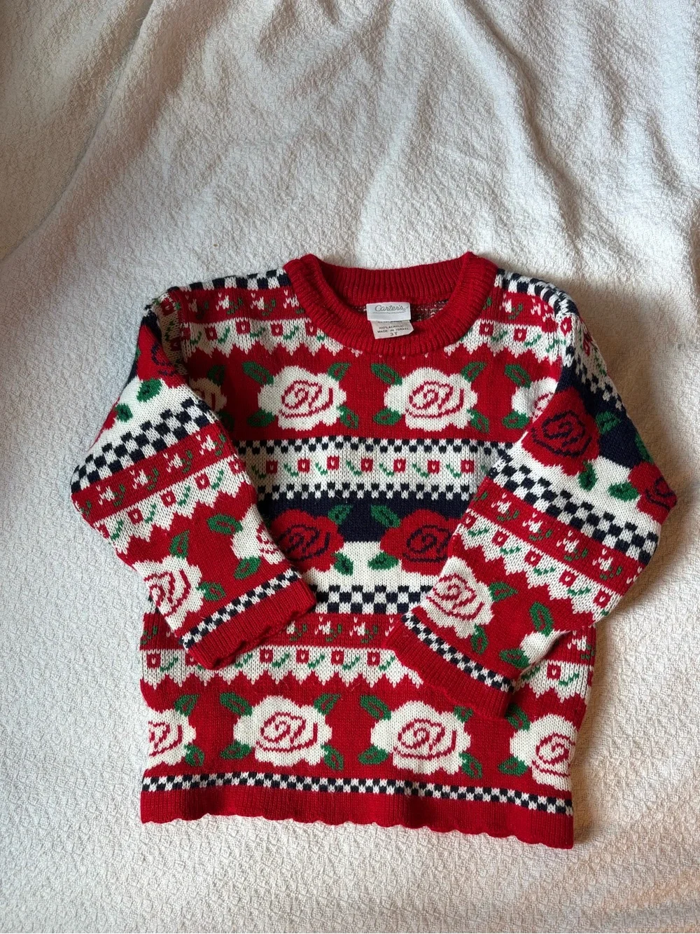 Vintage Carter's Red Rose Knit Sweater with Green Accents